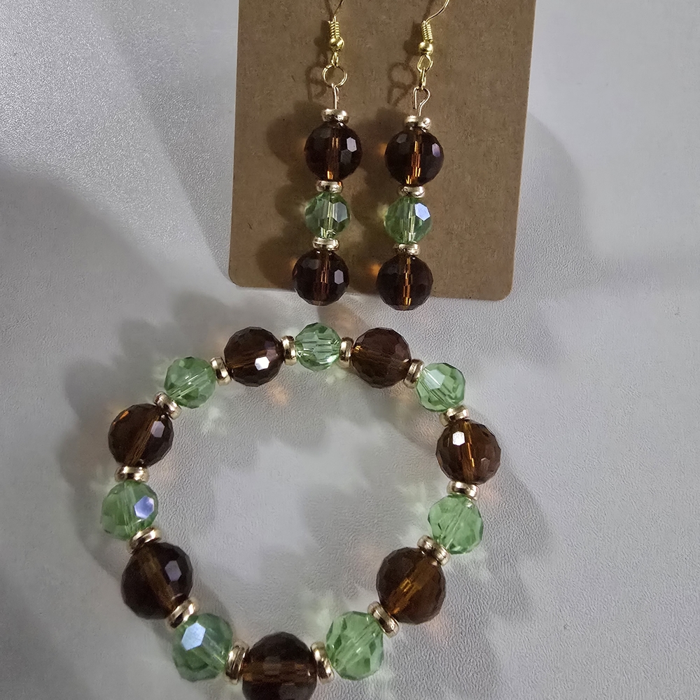 2 Pc Set Elegant Beaded Earrings in Brown and Green